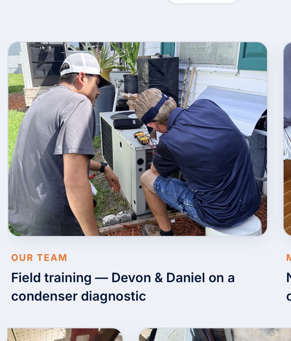Daniel and Nick performing field training on a residential condenser diagnostic in Treasure Coast, FL