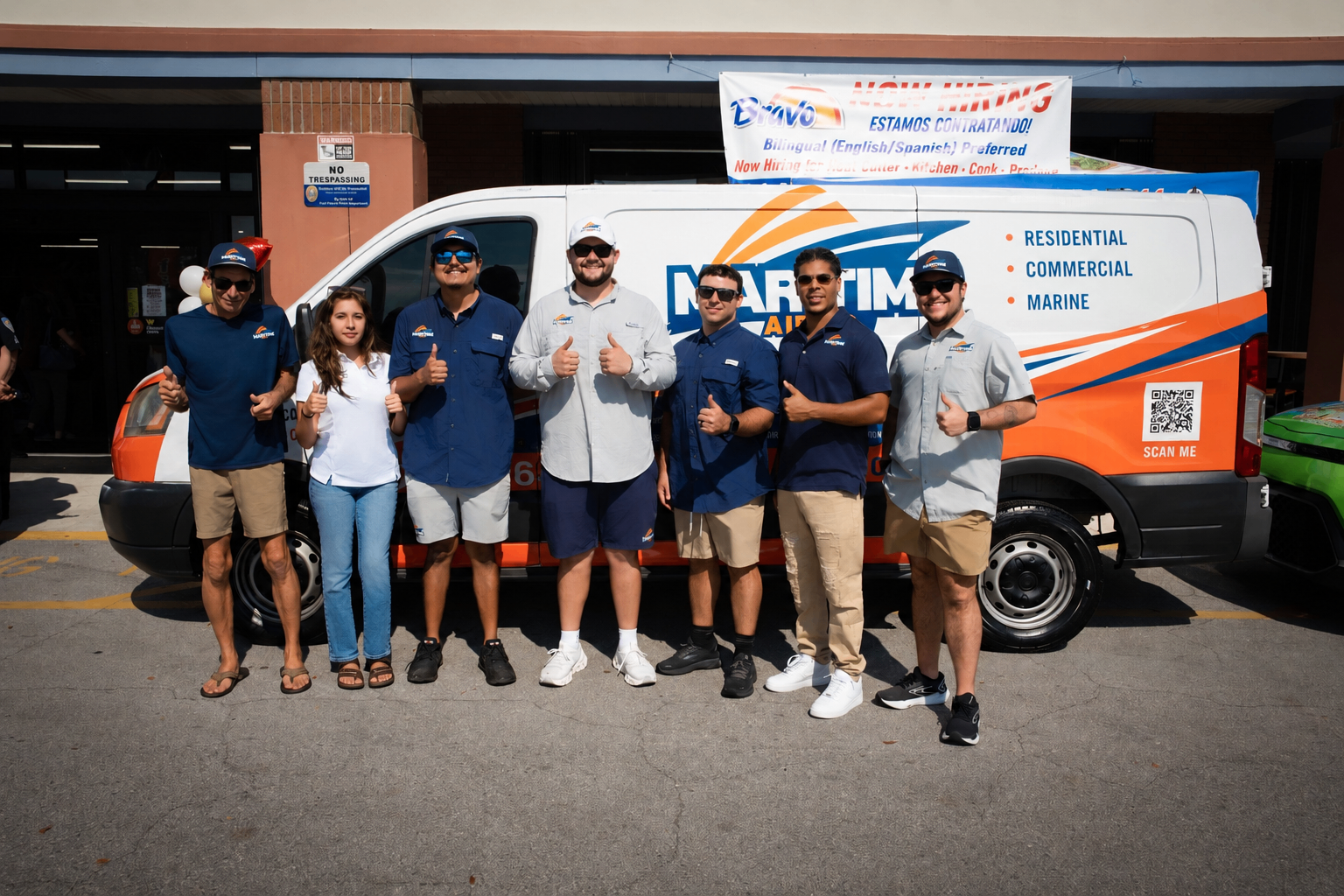 The Maritime Air Co. team standing together in front of the branded service van, ready for Treasure Coast HVAC service