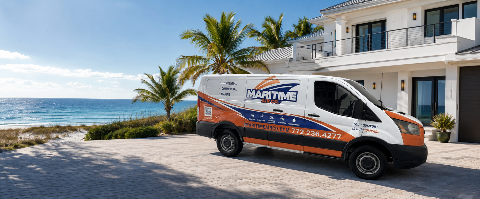 Maritime Air Co. service van at a coastal Florida home — residential HVAC service across the Treasure Coast